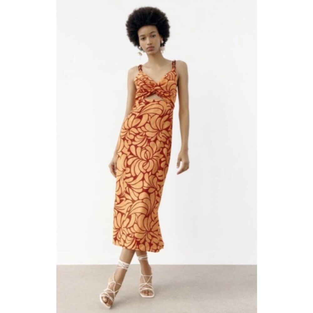 Zara Orange Patterned Midi Dress - Picture 14 of 14